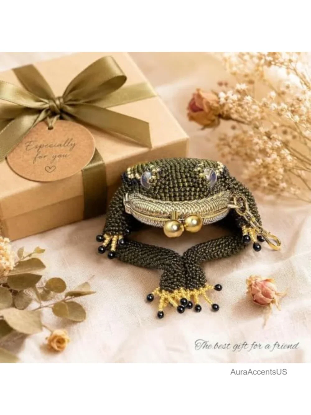 Handmade Beaded Frog Coin Purse with Kiss Lock Keychain Pouch, Cute Animal